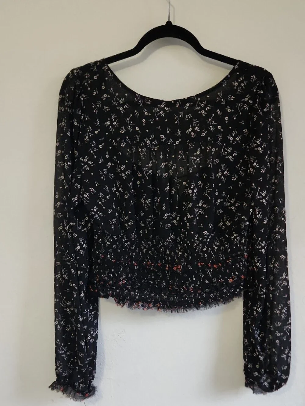 Free People Boho Peasant Sheer Floral Smocked Tie-Front Crop Top Large